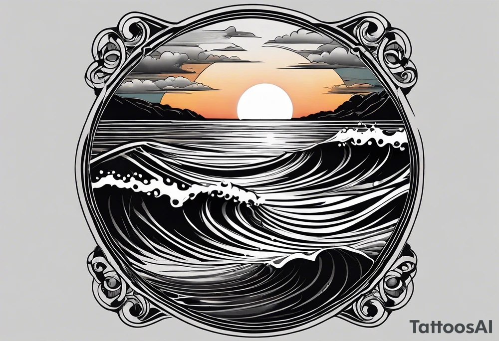 Tattoo from the perspective of being on the ocean at sunset. Water is calm, with very light waves, the sun is setting behind the ocean, reflecting light onto the ocean. tattoo idea