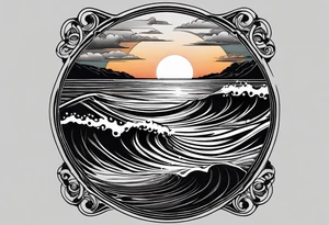 Tattoo from the perspective of being on the ocean at sunset. Water is calm, with very light waves, the sun is setting behind the ocean, reflecting light onto the ocean. tattoo idea