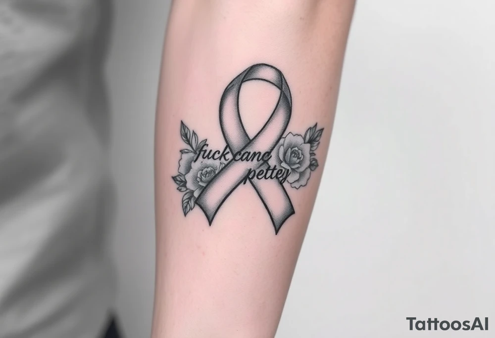 Cancer ribbon that says fuck cancer pretty with roses on arm tattoo idea