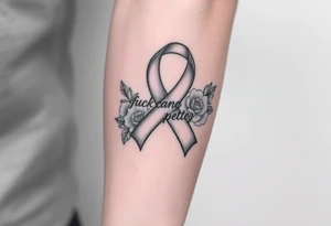 Cancer ribbon that says fuck cancer pretty with roses on arm tattoo idea