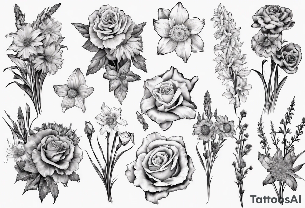 Flower bouquet with daffodil, rose, Larkspur, gladiolus, aster, marigold, chrysanthemum, narcissus tattoo idea