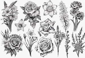 Flower bouquet with daffodil, rose, Larkspur, gladiolus, aster, marigold, chrysanthemum, narcissus tattoo idea