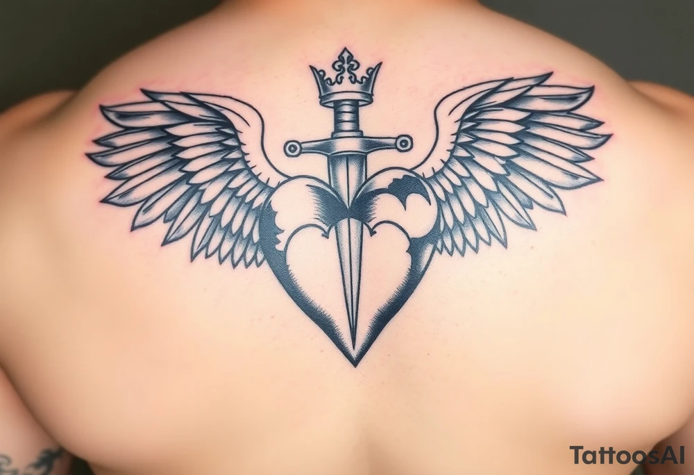 powerful 3d heart with the sword hilt on top an a crown on a top side, sith two angel gothic wings spread, but a but apart from the heart tattoo idea