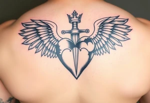 powerful 3d heart with the sword hilt on top an a crown on a top side, sith two angel gothic wings spread, but a but apart from the heart tattoo idea