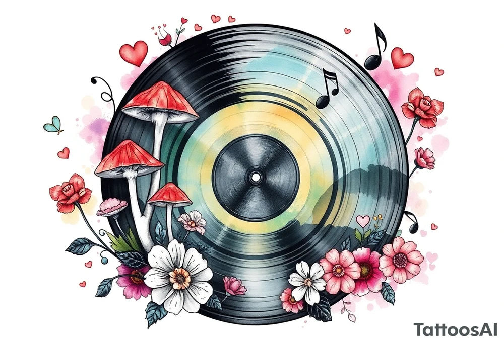vinyl record with mushrooms, flowers, hearts, and music notes tattoo idea