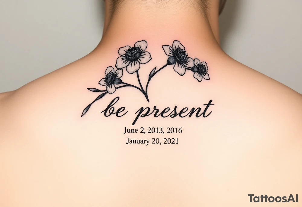 Enso ring with flowers and a stem with writing in cursive that says be present. Incorporate the dates June 2, 2013, March 2, 2016, and January 20, 2021. Also include three stars. tattoo idea