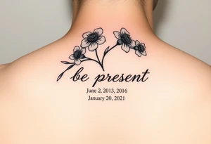Enso ring with flowers and a stem with writing in cursive that says be present. Incorporate the dates June 2, 2013, March 2, 2016, and January 20, 2021. Also include three stars. tattoo idea