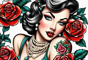 Pearl necklace wrapped around 1950s pinup pumps with roses surrounding tattoo idea