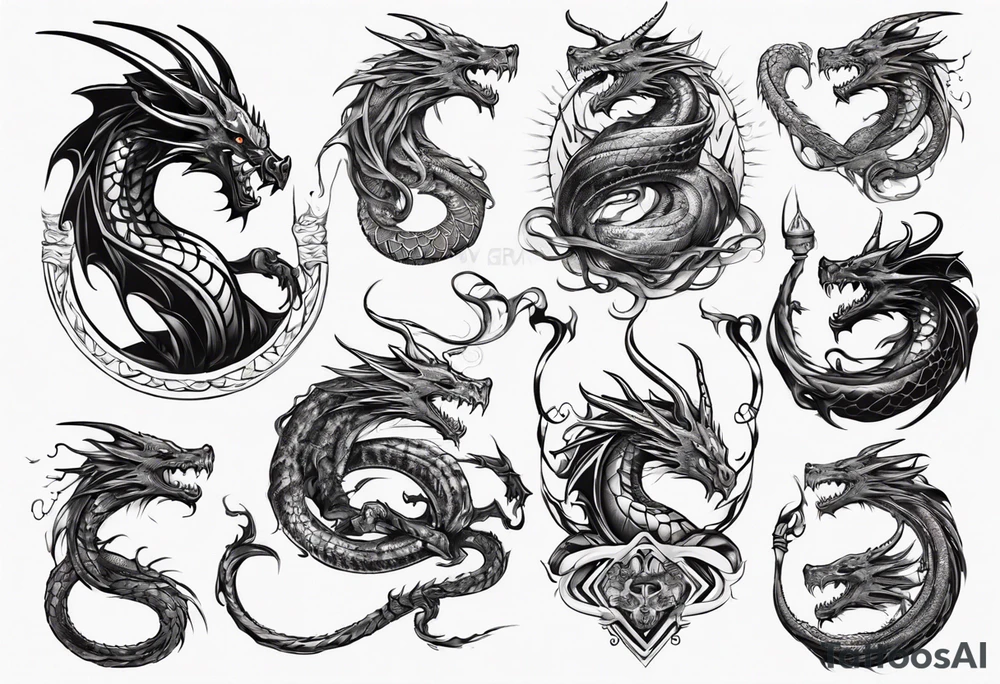 a long dragon intertwined along the arm with horns, mane, scales tattoo idea
