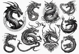 a long dragon intertwined along the arm with horns, mane, scales tattoo idea