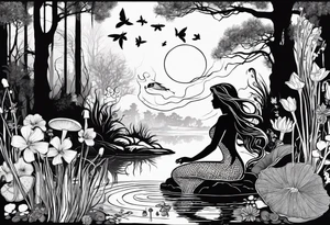 A mermaid silhouette in a swamp with cypress trees, mushrooms, wild flowers, lily pads, frogs, and bugs all around. tattoo idea