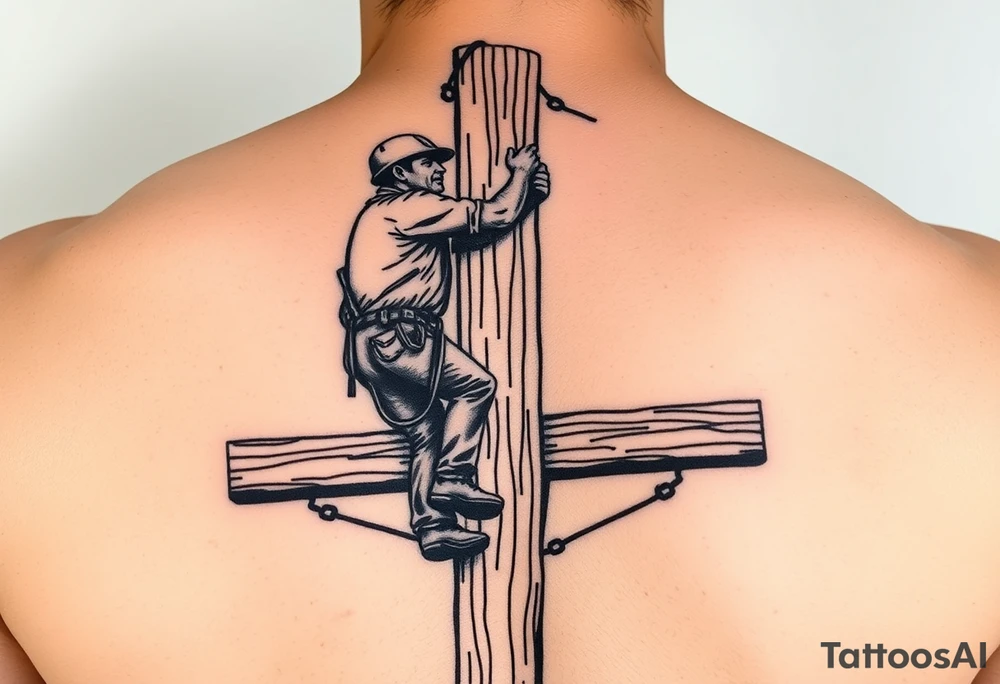 power lineman climbing a wooden 12kv pole. Make the pole a cross that has a hidden resemblance to god. Make the lineman Mexican tattoo idea