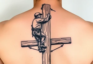 power lineman climbing a wooden 12kv pole. Make the pole a cross that has a hidden resemblance to god. Make the lineman Mexican tattoo idea