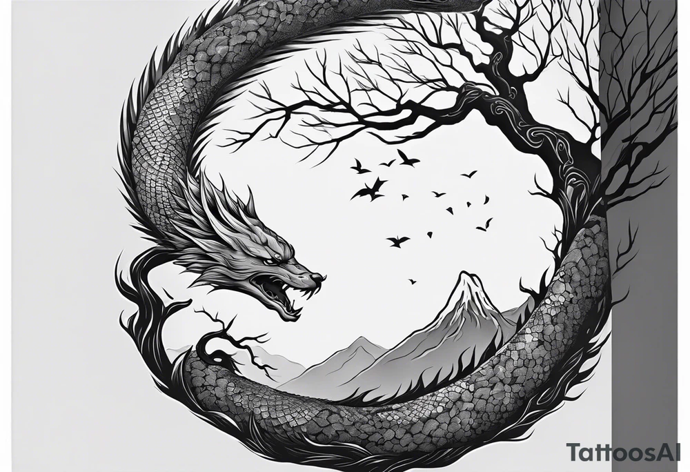 Full arm sleeve, tree going up to shoulder dead tree going down to wrist, wrapped in a serpent moving down with mountain, water elements tattoo idea