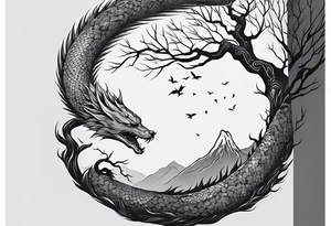 Full arm sleeve, tree going up to shoulder dead tree going down to wrist, wrapped in a serpent moving down with mountain, water elements tattoo idea