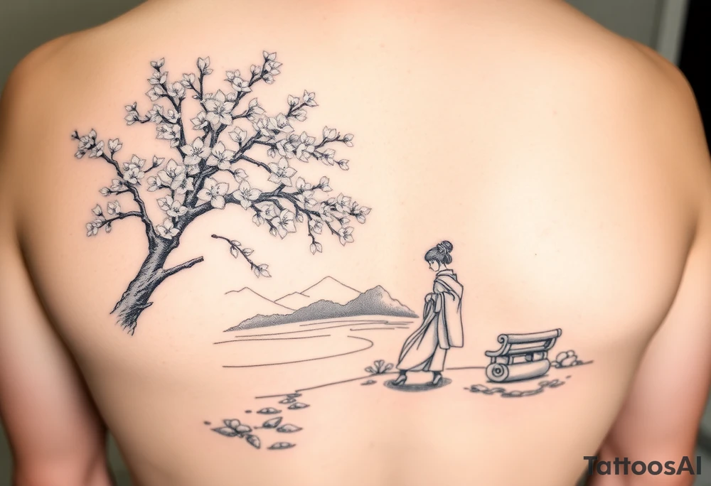 Large realistic cherry blossom tree in full bloom next to a river with mountains in the back ground and a geisha strolling next to a stone bench tattoo idea