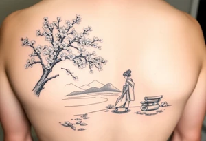 Large realistic cherry blossom tree in full bloom next to a river with mountains in the back ground and a geisha strolling next to a stone bench tattoo idea