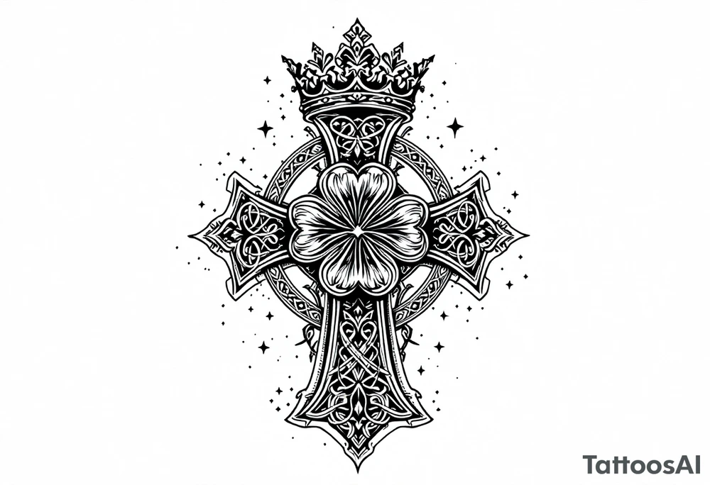 detailed irish celtic cross with a four leaf clover being surrounded by other celtic elements and a crown above the cross tattoo idea