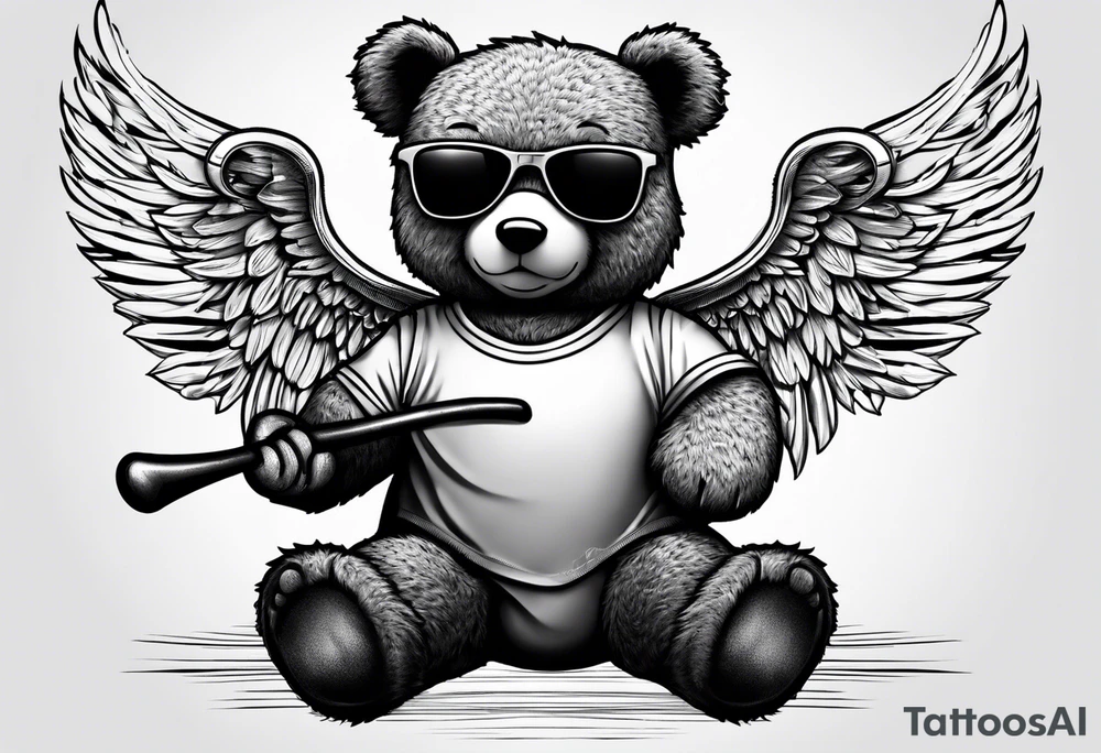 Teddy bear with angel wings wearing sunglasses holding a hammer tattoo idea