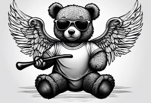 Teddy bear with angel wings wearing sunglasses holding a hammer tattoo idea
