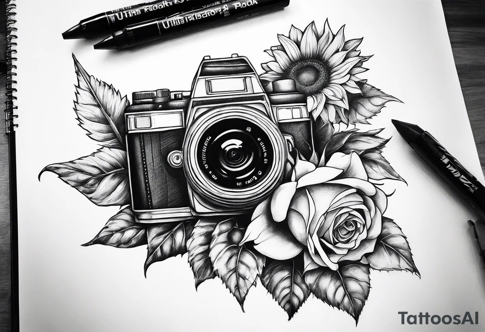 sunflower, camera, flower rose , book tattoo idea