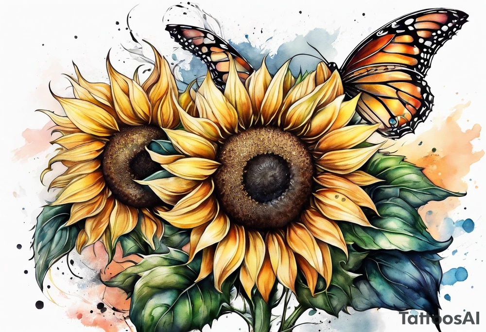 Sunflowers and angel wings leg sleeve tattoo idea