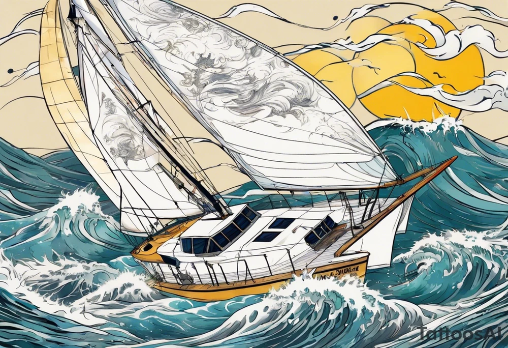 Sailing Catamaran in Rough weather and waves tattoo idea