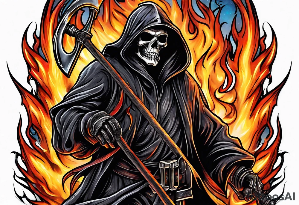 Flames grim reaper firefighter tattoo idea