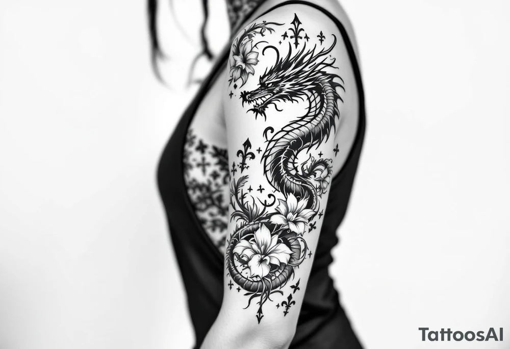 un dragon central entouré de fleurs de lys tattoo idea