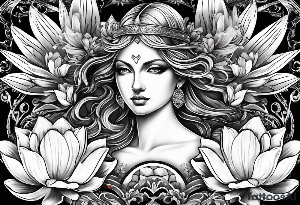 Sword in the middle a goddess face on the left side angel wing on right side and water Lilly’s around tattoo idea