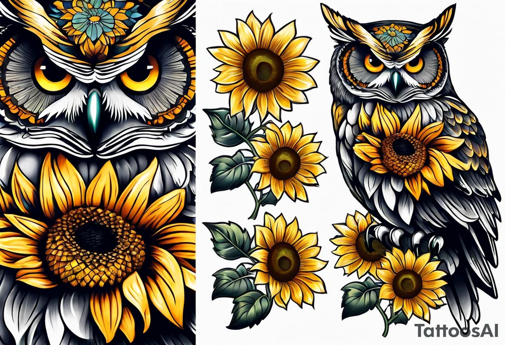 Owl and sunflower sleeve tattoo idea