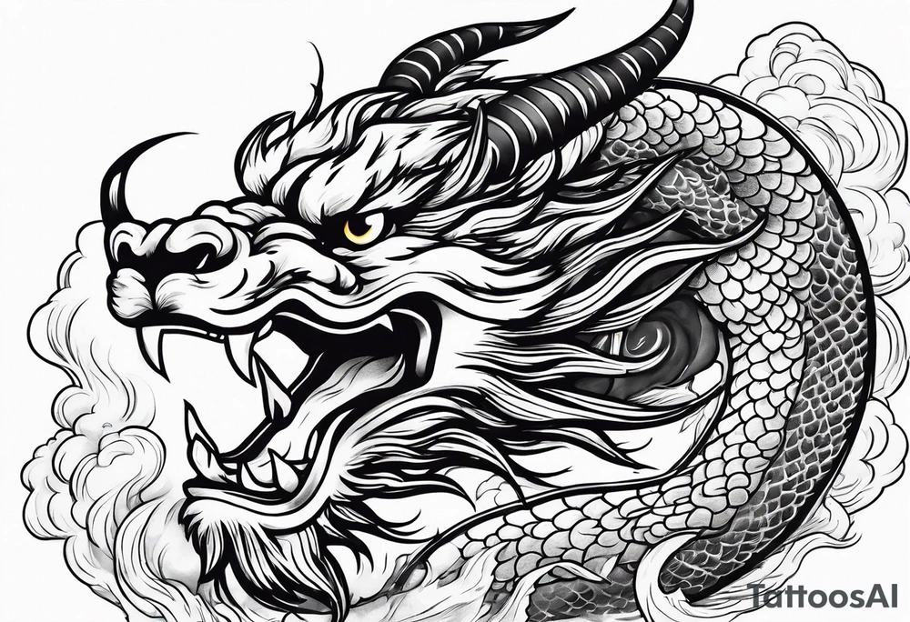 chinese dragon blowing fire while flying through a thunderstorm tattoo idea