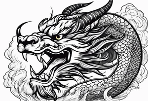 chinese dragon blowing fire while flying through a thunderstorm tattoo idea