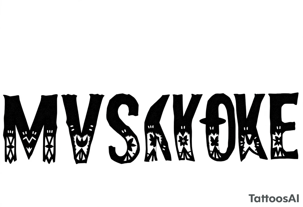 The word “MVSKOKE” shaded with Native American pattern tattoo idea