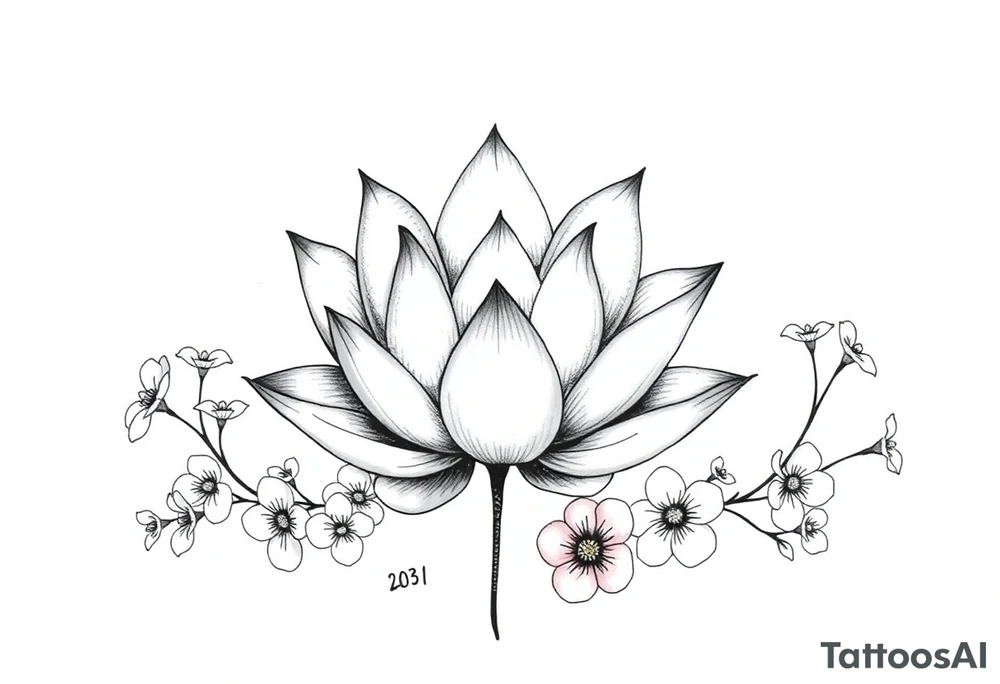 Lotus flower surrounded by forget me nots and peonies tattoo idea