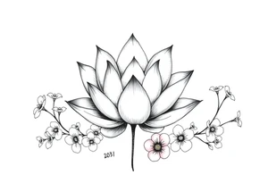 Lotus flower surrounded by forget me nots and peonies tattoo idea