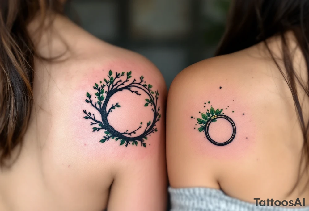 Two matching couples man and women tattoos black tree rings with a splash of green leaves tattoo idea