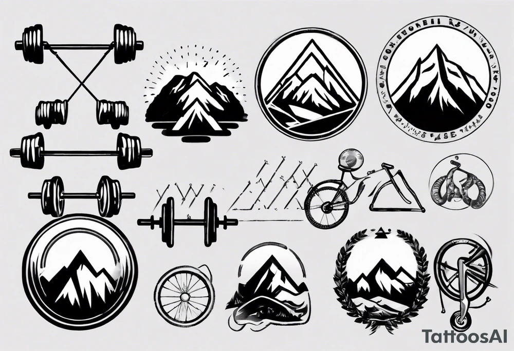 barbell, cycle, mountain tattoo idea