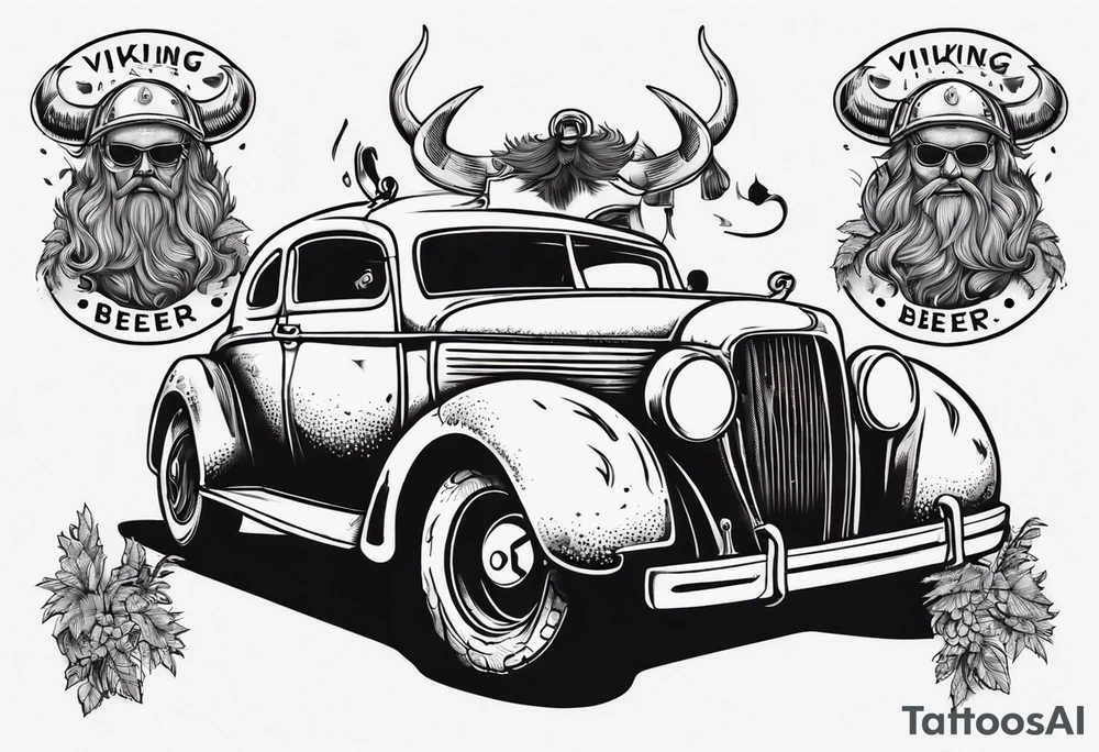 A Viking driving a vintage car drinking a beer tattoo idea