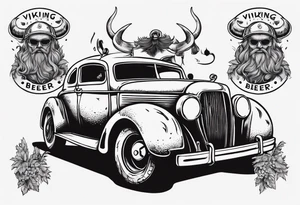 A Viking driving a vintage car drinking a beer tattoo idea