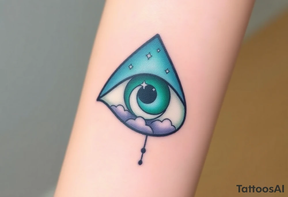 Large outline of an eye shaped like an almond with the eye as a spade with eye colored greenish blue with long pretty black eyelashes + a crescent moon stars and clouds inside of the eyeball only + using vivid colors like blue green purple light blue light green light purple tattoo idea