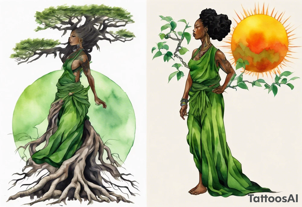 a tree trunk with roots that is a black woman from the waist up, feet made of tree roots, wearing a green tunic, arms stretched upwards towards the blazing sun tattoo idea