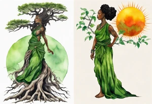 a tree trunk with roots that is a black woman from the waist up, feet made of tree roots, wearing a green tunic, arms stretched upwards towards the blazing sun tattoo idea