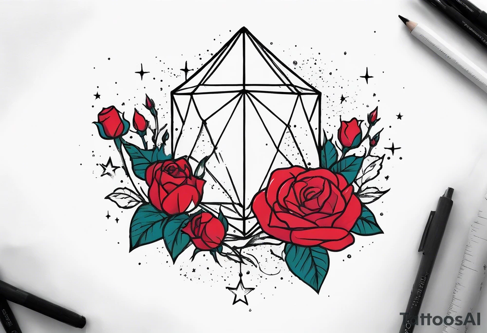 Tesseract with a field of small roses and stars around it tattoo idea