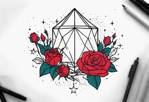 Tesseract with a field of small roses and stars around it tattoo idea
