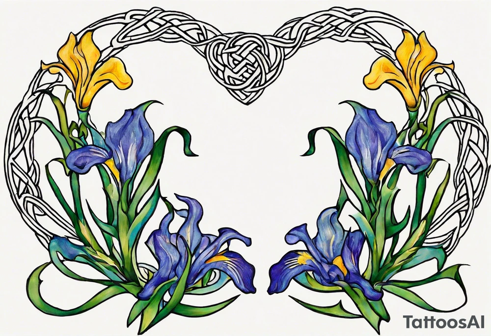 Create a colorful, small Vincent van Gogh Irises tattoo with Celtic knots. The tattoo should take the form of a crescent, with vines gracefully intertwining at a central point in the middle of the wreath. Ensure that the design avoids the appearance of a bush and maintains a more structured and deliberate arrangement. The intended placement is on the upper chest. The overall design should be small in size while maintaining a delicate and artistic aesthetic. Pay attention to the graceful flow of the vines and the placement of the irises to achieve a refined and elegant look tattoo idea