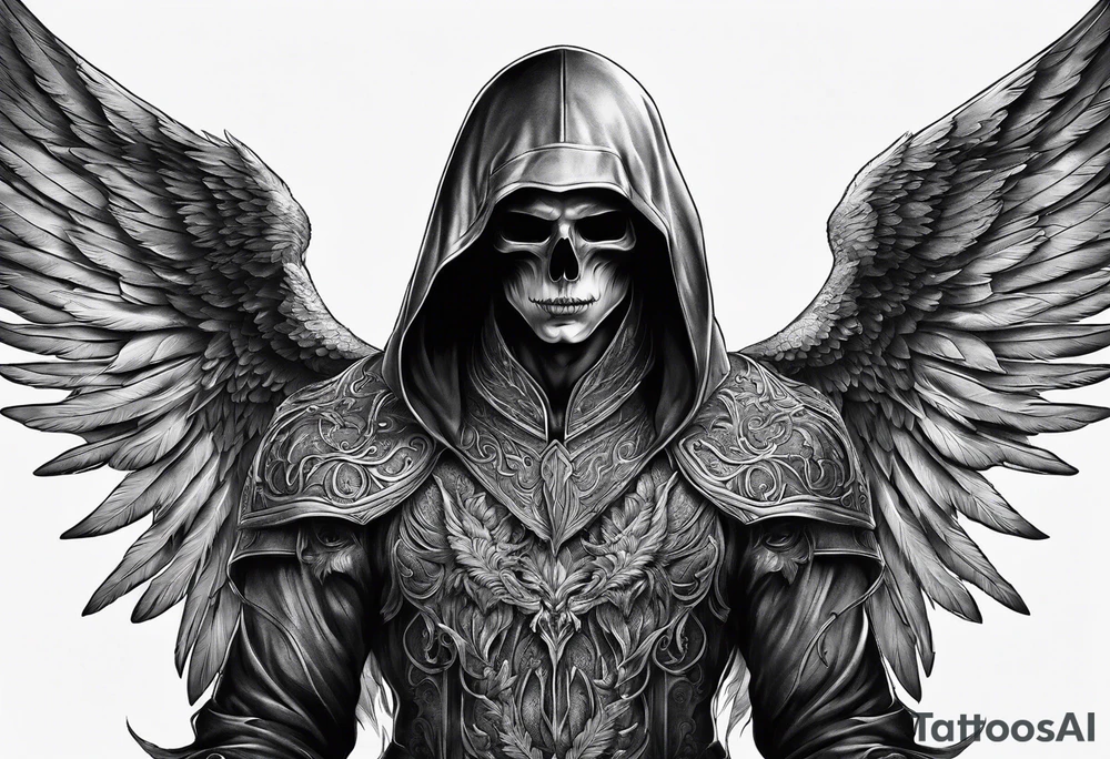 realistic full body of angel of death, without face, man tattoo idea