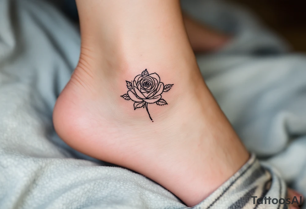 Dotted outline of a roses, with no fill, resembling a hand-poked aesthetic, placed on the ankle. tattoo idea