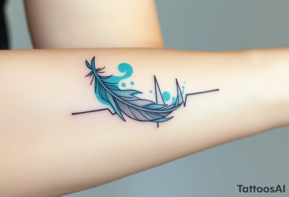 A heartbeat line curving around a delicate feather, colored in shades of teal, gray, and silver, representing lightness and freedom. tattoo idea
