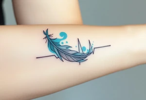 A heartbeat line curving around a delicate feather, colored in shades of teal, gray, and silver, representing lightness and freedom. tattoo idea